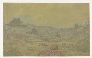 Vale com um rio e uma cidade com quatro torres de Hercules Segers