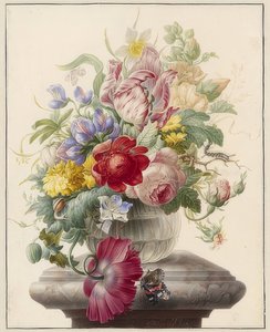 Flores em um vaso de vidro e uma borboleta. Por volta de 1700