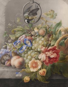 Ainda vida de flores, frutas, um excelente tit e um rato. Por volta de 1700-10