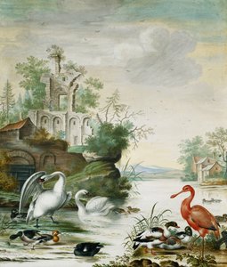 Cisnes, um colhereiro, um pato-real, um Wigeon e outros patos no rio abaixo de uma ruína, 1694