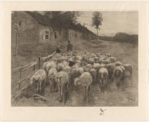Pastor e uma mulher perto de um rebanho de ovelhas de Herman Johannes van der Weele (signed by artist)