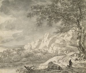 Paisagem montanhosa com um alpinista (giz e tinta indiana no papel) de Herman Nauwincz