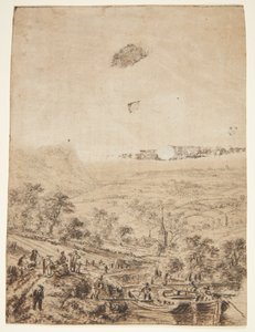 Paisagem panorâmica com agricultores, pescadores e uma igreja da aldeia de Herman Saftleven
