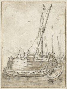 Barcaça com dois barcos a remos de Herman Saftleven