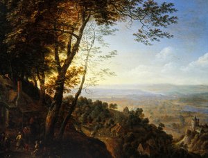 Uma paisagem arborizada com camponeses por uma casa de campo (óleo sobre painel)