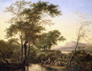 Uma extensa paisagem do rio Italianizado com viajantes à beira da piscina, 1646