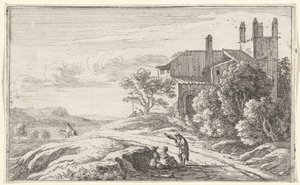 Edifício com uma torre quadrada
Página de título e doze vistas de Roma (título da série) de Herman van Swanevelt