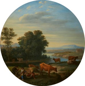 Paisagem fluvial italianizada com vacas de Herman van Swanevelt