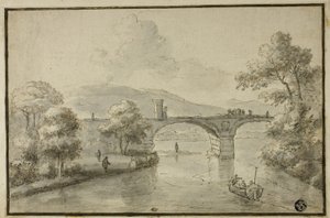 Rio com ponte arqueada e barco de Herman van Swanevelt