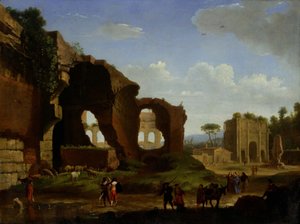 Vista de Roma com Vénus e o templo romano e o Arco do Triunfo de Constantino. de Herman van Swanevelt