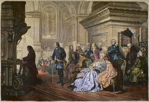 O Rei da Prússia Frederico II o Grande (1712-1786) ouve o compositor Jean Sebastian Bach tocar numa corte, gravando depois de uma pintura de Kaulbach - Frederico II o Grande, Rei da Prússia, ouvindo Johann Sebastian Bach no órgão, Sanssouci