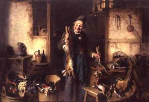 Interior da cozinha com um homem segurando uma lebre (óleo no painel)