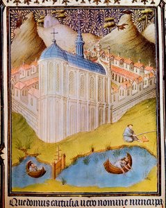 Monges cartuxos pescando e fisgando peixes em tanques de peixes em Chartreuse, França, século XV de Hermann Limbourg