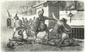 Gladiadores lutando na arena na Roma Antiga