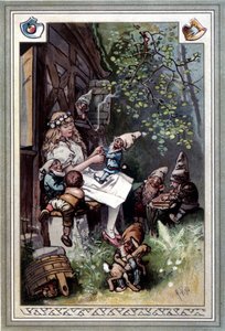 Kinder und hausmarchen (Contos da infância e do lar) (1812): as fábulas dos irmãos Grimm. Capa de Hermann Vogel 1894 representando a Branca de Neve e os sete anões.