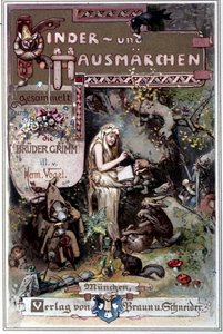 Kinder und hausmarchen (Contos da infância e do lar) 1812: as fábulas dos irmãos Grimm. Capa de Hermann Vogel de 1894 mostrando a Branca de Neve.