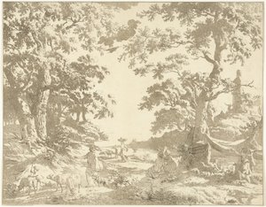 Paisagem da Arcádia com estátua de Janus de Hermanus Fock