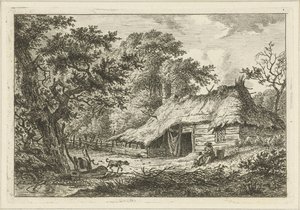 Casa de campo com mulher, criança e cão