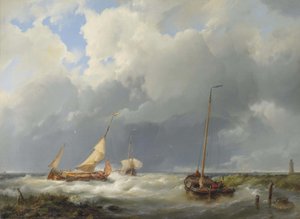 Cena costeira com navios de pesca de Hermanus Koekkoek