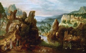Paga com a Rota de Emaús - Paisagem com Estrada para Emaús - Henri de Herri com os Bles (1510-1550). Óleo sobre madeira, cerca de 1535-1540. Dimensão : 14,6x33,5 cm. Museu de História de Arte, Vienne