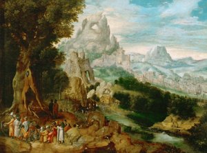 Paga com pregação de São João Batista - Paisagem com pregação de São João Batista, de Herri met de Bles (Henri Bles) (1510-1550). Óleo sobre madeira, ca. 1535-1540. Dimensão : 29x39 cm. Museu de História de Arte, Vienne