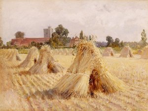 Corn Stooks by Bray Church, 1872 (óleo sobre papel colocado a bordo) de Heywood Hardy