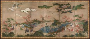 Os Mapple Viewers - Ecrã em seis painéis - Trabalho de Kano Hideyori (activo 1565-1576), aguarela e tinta sobre papel - arte japonesa de Hideyori Kano