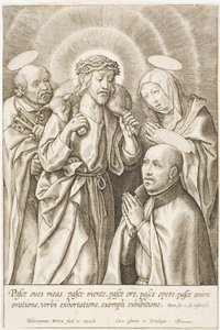 Inácio de Loyola ajoelhado diante de Cristo, da Virgem e de São Pedro de Hieronymous Wierix