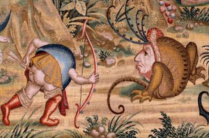 tapeçaria flamenga. Série Quatro tapeçarias após Hieronymus Bosch. Santo Antônio em oração (San Antonio en oración). Segunda tapeçaria da série. Modelo Inspirado no trabalho de Hieronymus Bosch. Fabricação Oficina desconhecida, Bruxelas. Antes de 1560. Fab