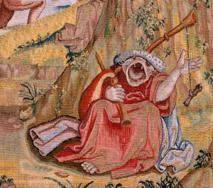 tapeçaria flamenga. Série Quatro tapeçarias após Hieronymus Bosch. Santo Antônio em oração (San Antonio en oración). Segunda tapeçaria da série. Modelo Inspirado no trabalho de Hieronymus Bosch. Fabricação Oficina desconhecida, Bruxelas. Antes de 1560. Fab