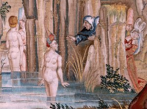 Tapeçaria flamenga. Série Quatro tapeçarias após Hieronymus Bosch. Santo António em oração (San Antonio en oración). Segunda tapeçaria da série. Modelo inspirado no trabalho de Hieronymus Bosch. Fabrico Oficina Desconhecida, Bruxelas. Antes de 1560. Tecido de Hieronymus (after) Bosch