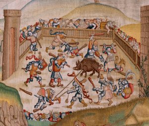 Tapeçaria flamenga. Série Quatro tapeçarias após Hieronymus Bosch. São Martinho (San Martín). Primeira tapeçaria da série. Modelo inspirado no trabalho de Hieronymus Bosch. Fabrico Oficina Desconhecida, Bruxelas. Antes de 1560. Tecido Ouro, prata, seda e w de Hieronymus (after) Bosch