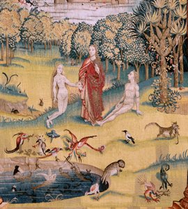Tapeçaria flamenga. Série Quatro tapeçarias após Hieronymus Bosch. O Jardim das Delícias Terrenas (Jardín de las Delicias). Quarta tapeçaria da série. Modelo inspirado no trabalho de Hieronymus Bosch. Fabrico Oficina Desconhecida, Bruxelas. Antes de 1560. 