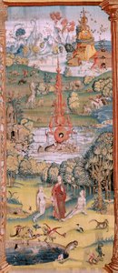 tapeçaria flamenga. Série Quatro tapeçarias após Hieronymus Bosch. O Jardim das Delícias Terrenas (Jardín de las Delicias). Quarta tapeçaria da série. Modelo Inspirado no trabalho de Hieronymus Bosch. Fabricação Oficina desconhecida, Bruxelas. Antes de 156 de Hieronymus (after) Bosch