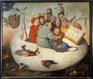O concerto no ovo Sátira da alquimia simbolizada pelo ovo filosófico. Pintura depois de Hieronymus Van Aeken (Aken) dit Jerome Bosch (1450-1516) Sol do século XV. 1,08x1,26 m Lille, musee des Beaux Arts. - O Concerto no Ovo. Sátira de alquimia sym.