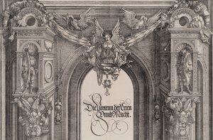 A parte superior da entrada para o Portal Central com uma figura alada segurando o I..., 1515.