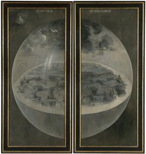 A criação do mundo que representa a esfera cósmica da Terra (Bubble). Atrás das abas do tríptico "O jardim das delícias terrenas" . Pintura de Hieronymus Van Aeken (Aken) chamada Jerome Bosch (1450-1516)