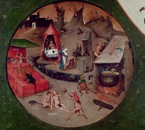Mesa dos Sete Pecados Capitais e das Quatro Últimas Coisas, detalhe do Inferno, c.1480 (óleo no painel) de Hieronymus Bosch