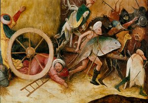 O tanque de feno ou tríptico de feno (carrinho de feno): Detalhe do painel central. Figuras monstruosas, caracteres antropomórficos e um homem embate sob uma roda. Pintura de Hieronymus Van Aeken (Aken) dit Jerome Bosch (1450-1516) de Hieronymus Bosch