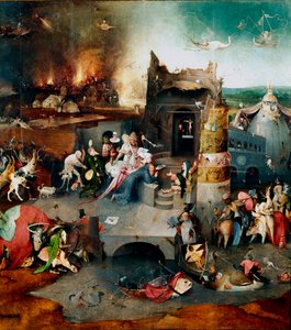 Tentador de tentações: "As tentações de Santo António" Painel central representando o eremita Santo António o Grande (251-356) (ou Santo António o Eremita ou Santo António a Abbe) sofrendo as tentações do Diabo no deserto. Pintura por de Hieronymus Bosch