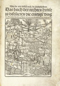 Página de título, ilustrando destilarias de ervas com figuras em uma paisagem de Hieronymus Brunschwig