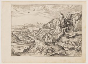 Abraão e Isaac a caminho do sacrifício, de Paisagens com cenas bíblicas e mitológicas de Hieronymus Cock