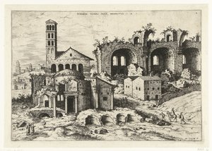 Vista do Templo de Rómulo e da Basílica de Constantino
Rvinarvm Templi Pacis (...) (título sobre o objecto)
Ruínas romanas (título da série) de Hieronymus Cock