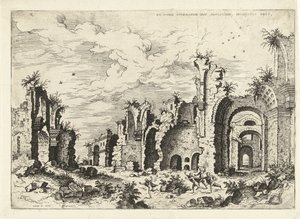 Vista das Termas de Diocleciano Ex Rvinis Thermarvm Imp Diocletianvs (...) (título no objeto) Ruínas romanas (título da série) de Hieronymus Cock