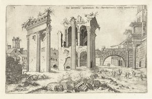 Vista do Fórum de Nerva
Ex incertis qvibvsdam Ro Antiqvitatis Rvinis (...) (título sobre o objecto)
Ruínas romanas (título da série) de Hieronymus Cock