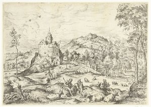 Mercúrio e Argus Paisagens com cenas bíblicas e mitológicas (título da série) de Hieronymus Cock