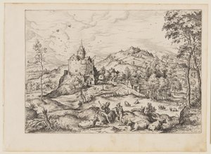 Mercúrio a embalar Argus, de Paisagens com cenas bíblicas e mitológicas de Hieronymus Cock
