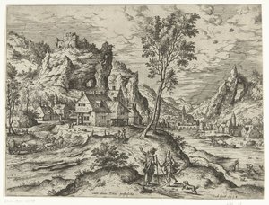 Tobias e o Anjo Paisagens com cenas bíblicas e mitológicas (título da série) de Hieronymus Cock