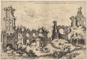 Vista das ruínas do Monte Palatino com fachada trabecificada à esquerda e arcadas no centro, fr ..., 1550. de Hieronymus Cock