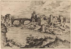 Vista da Ponte Quattro Capi e da Ilha do Tibre de Hieronymus Cock